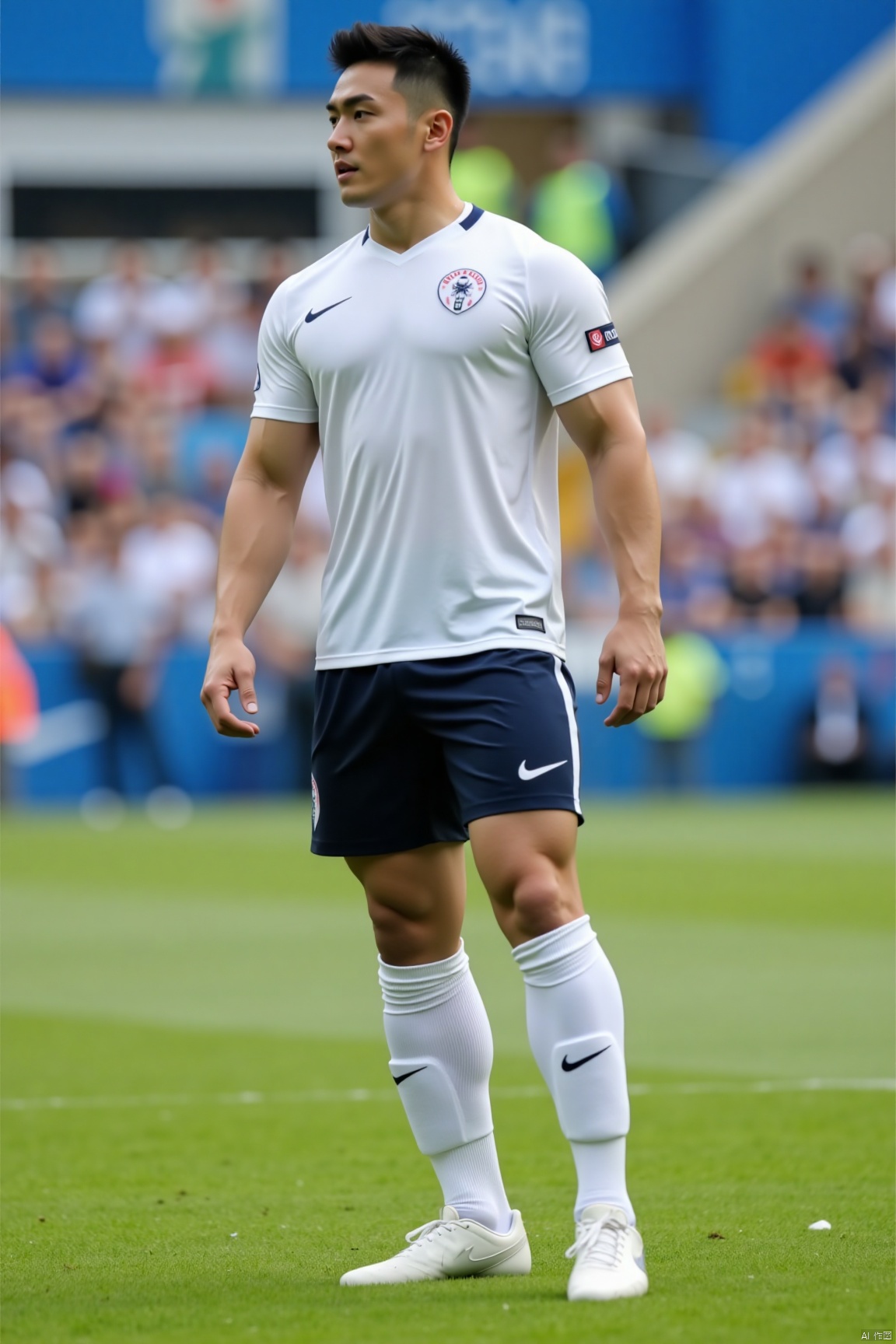 Character:1man,solo,asian,muscular,handsome.
Clothing:NIKE soccer clothes,white socks,white footwear,NIKE logo.
Others:outdoors,bright,masterpiece,realistic,best quality,highly detailed,highres,jzns,sxw,