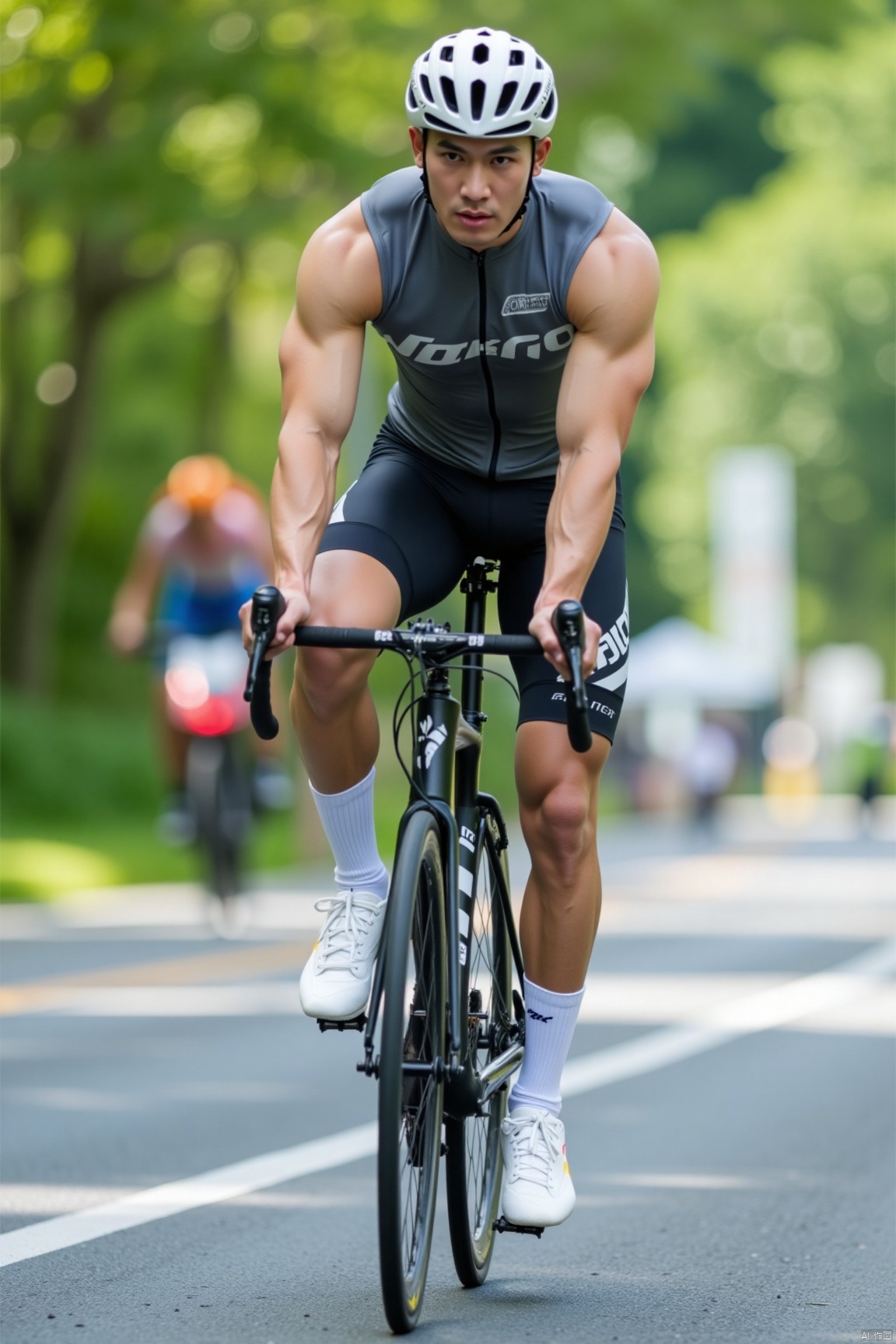 Character:1man,solo,asian,muscular,handsome,Bicycle athlete,riding.
Clothing:bike clothes,white socks,white footwear.
Others:snapshot,road,scenery,bright,masterpiece,realistic,best quality,highly detailed,highres,jzns.