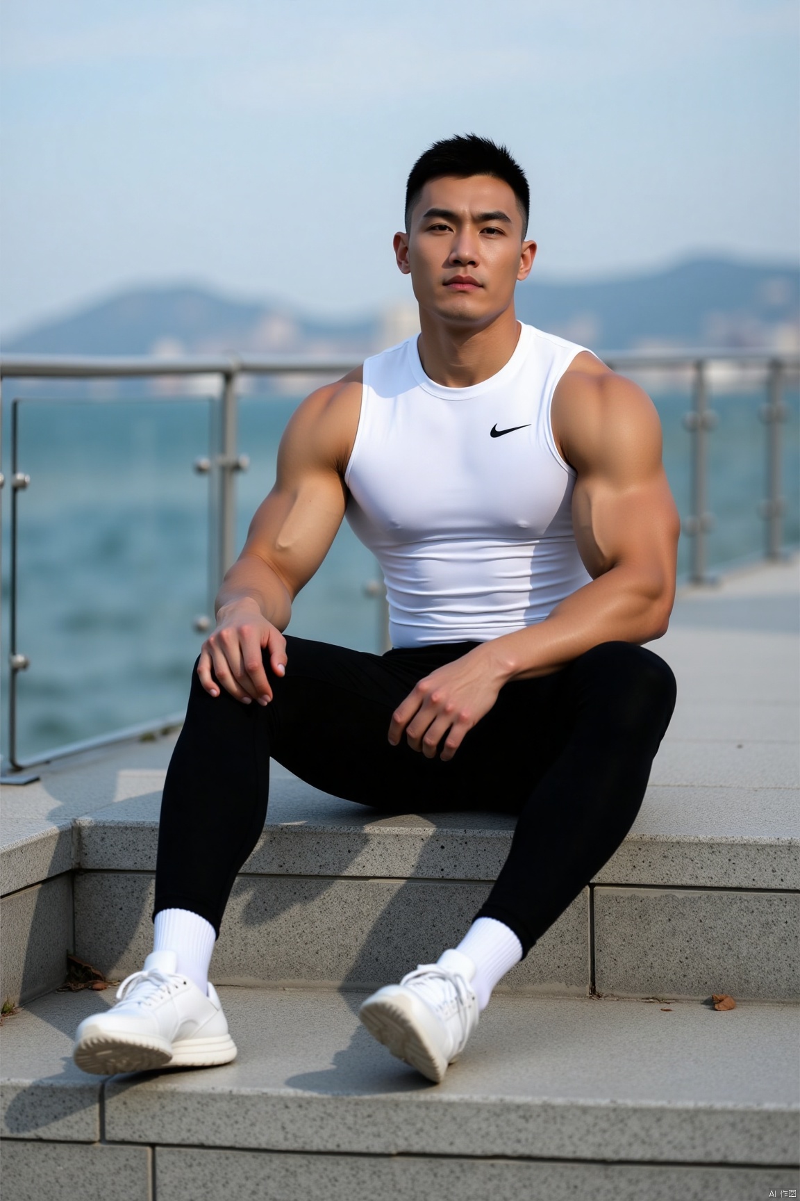 jzns,sxw,1man,solo,asian,muscular,NIKE White tight-fitting vest,black leggings,white socks,white footwear,sitting on Stone piers,looking at viewer,outdoors,bright,NIKE logo,masterpiece,realistic,best quality,highly detailed,highres,