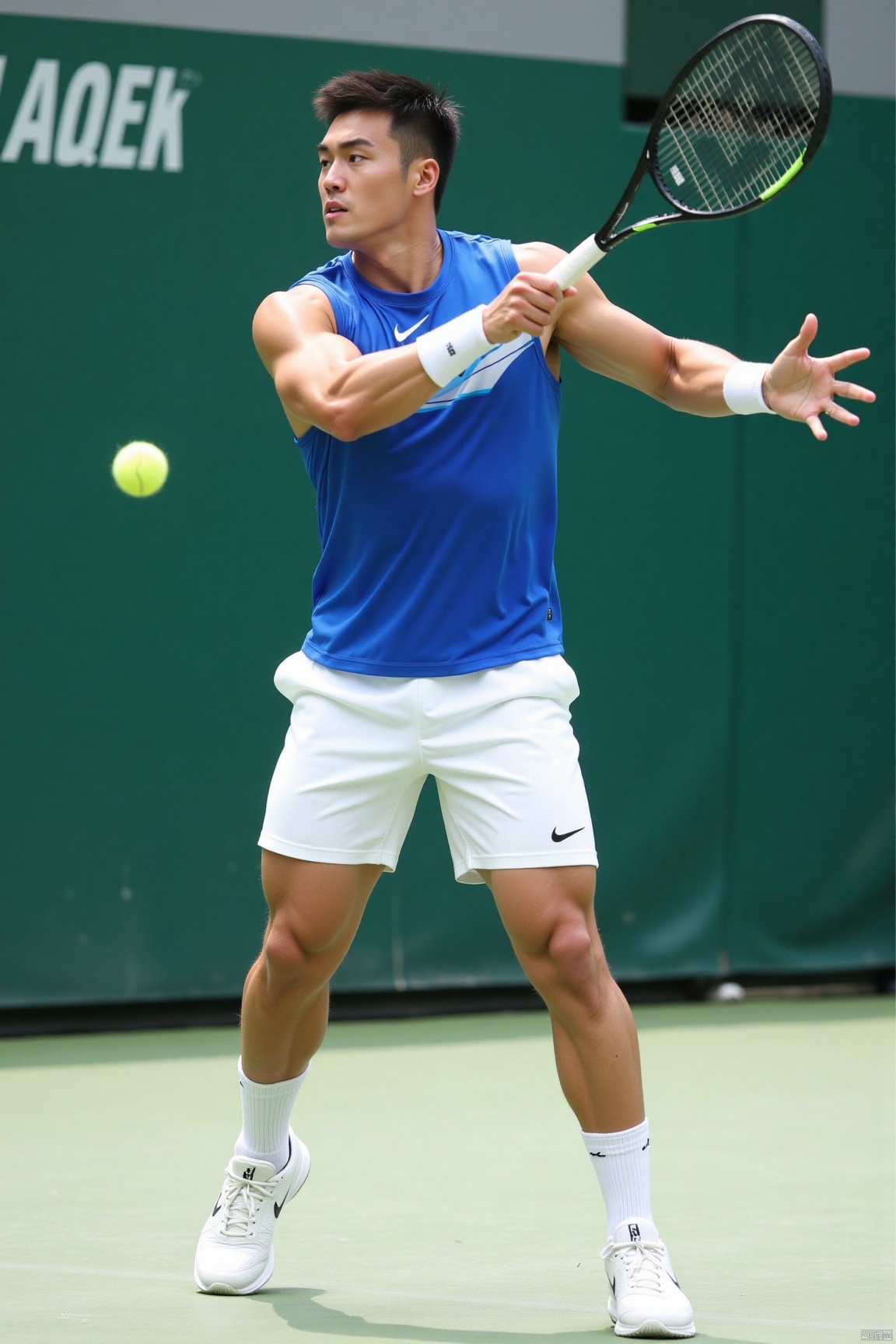 Character:1man,solo,asian,muscular,handsome,tennis,swing.
Clothing:random color tennis clothes,white socks,white footwear,NIKE logo.
Others:tennis ball,snapshot,outdoors,bright,masterpiece,realistic,best quality,highly detailed,highres,jzns.
