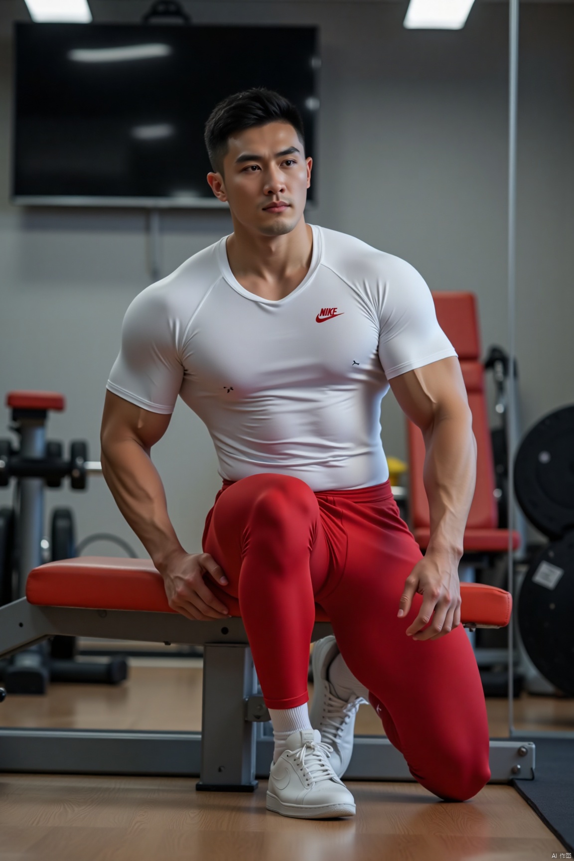 jzns,1man,male focus,exquisite facial,handsome,charming eyes,solo,asian,muscular,NIKE White tight-fitting gym top,red leggings,white socks,white footwear,in the gym,indoors,bright,NIKE logo,masterpiece,realistic,best quality,highly detailed,highres,