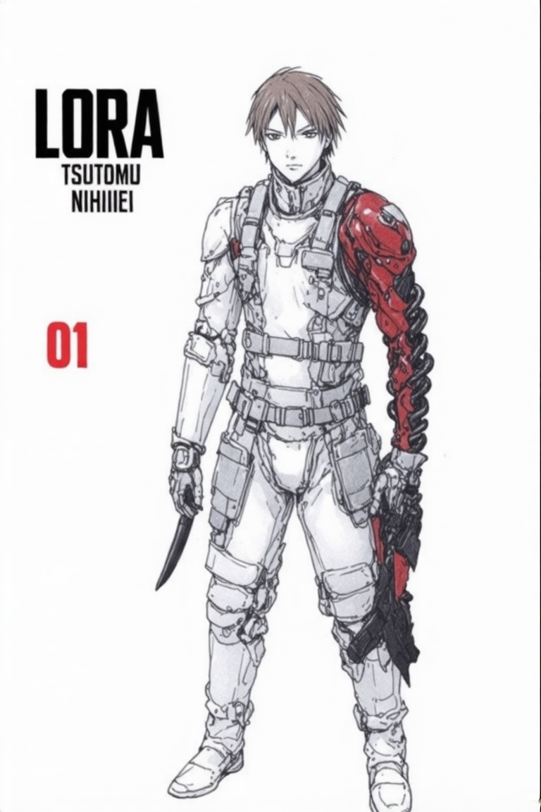 This image is a digital drawing in a manga style,  depicting a character named Tsutomu Nihiei from the manga series "LORA....