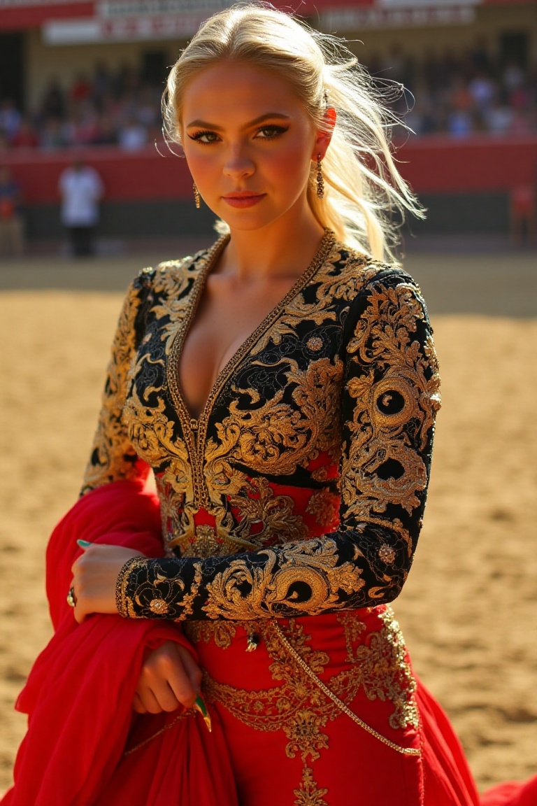 A beautiful Jordyn Jones dressed as a matador stands confidently in a bullfighting arena,  her face illuminated by the gol...
