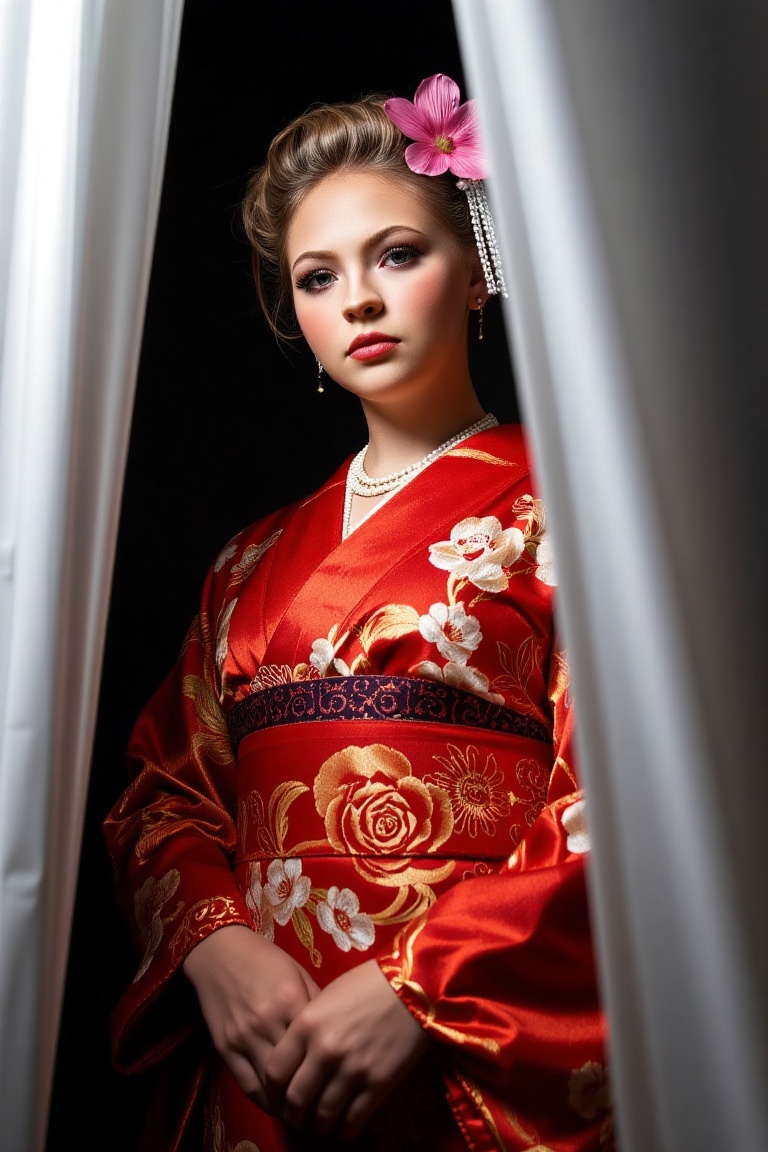 Captured at eye-level on a low-angle shot,  Jordyn Jones geisha is dressed in a vibrant red kimono adorned with gold and w...