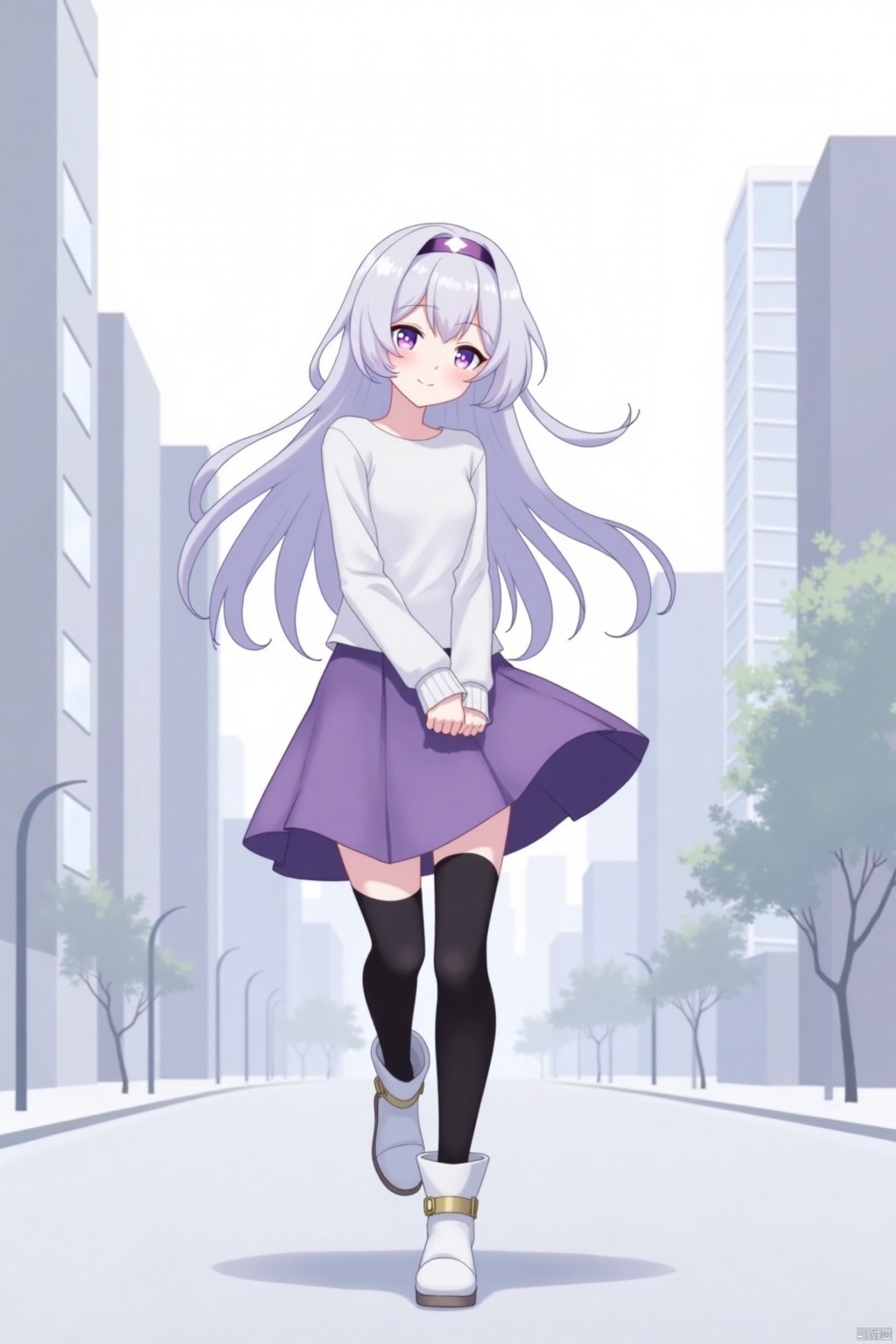 1girl, solo, long hair, looking at viewer, smile, bangs, skirt, thighhighs, long sleeves, hair between eyes, closed mouth, purple eyes, full body, white shirt, white hair, hairband, boots, outdoors, black thighhighs, white footwear, building, city,ly,qfl