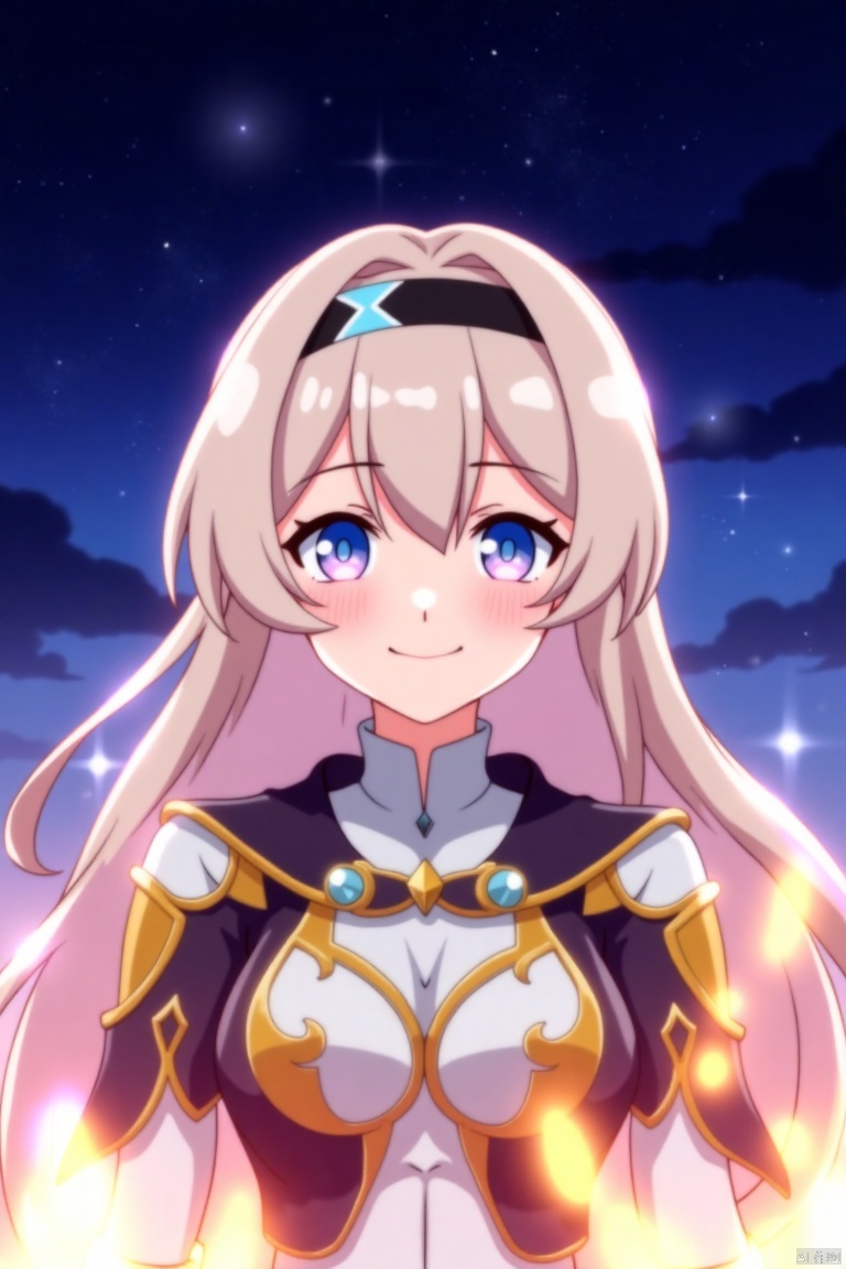 1girl, solo, long hair, looking at viewer, smile, bangs, blue eyes, blonde hair, closed mouth, upper body, hairband, sky, armor, night, headband, fire, star \(sky\), night sky, starry sky,qfl,ly