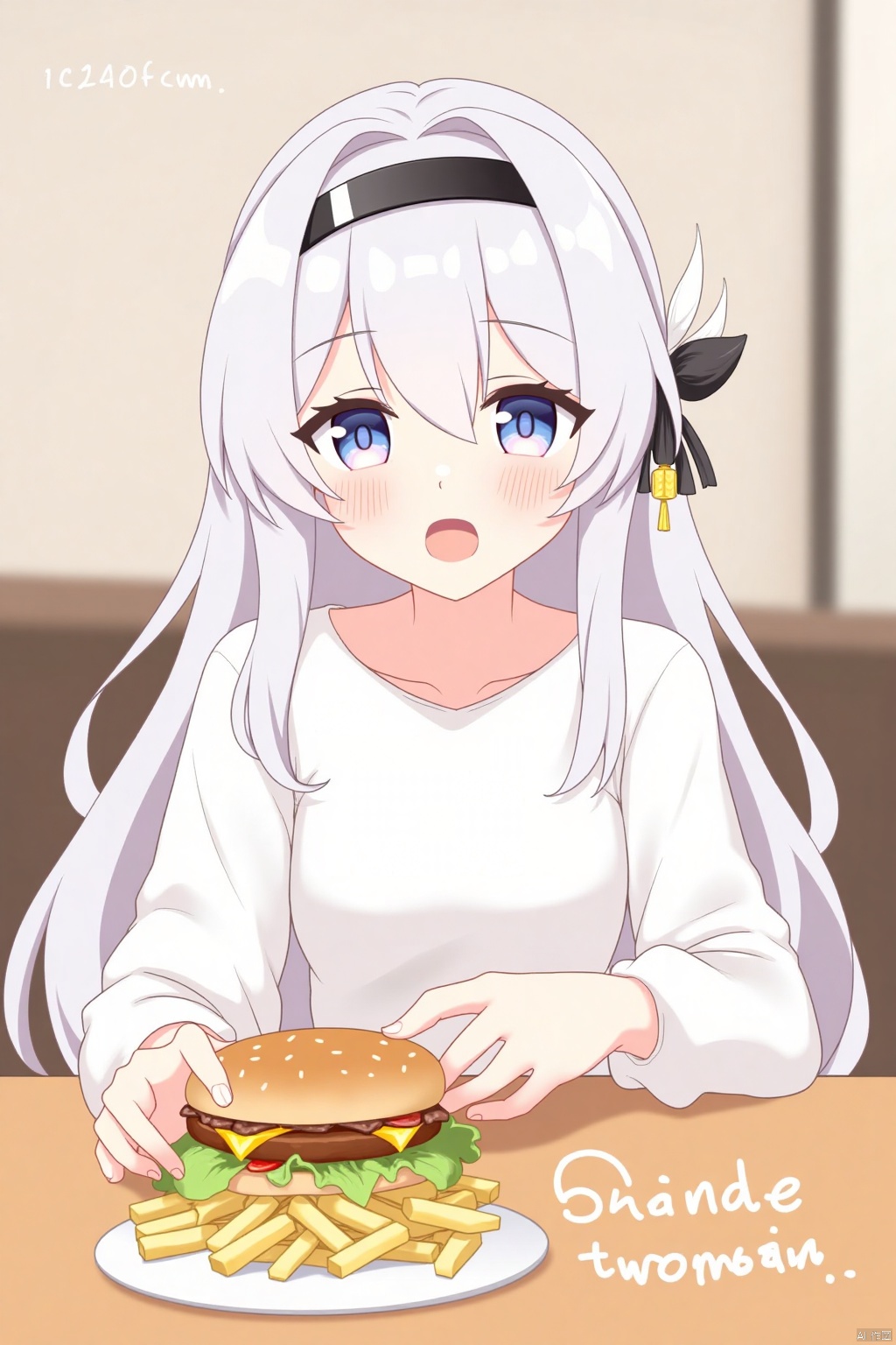 1girl, solo, long hair, looking at viewer, open mouth, bangs, blue eyes, hair ornament, long sleeves, holding, hair between eyes, white shirt, white hair, hairband, food, indoors, english text, headband, table, holding food, black hairband, burger, french fries, lettuce