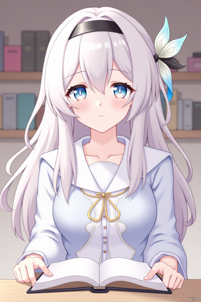1girl, solo, long hair, bangs, blue eyes, hair ornament, long sleeves, hair between eyes, closed mouth, grey hair, hairband, indoors, book