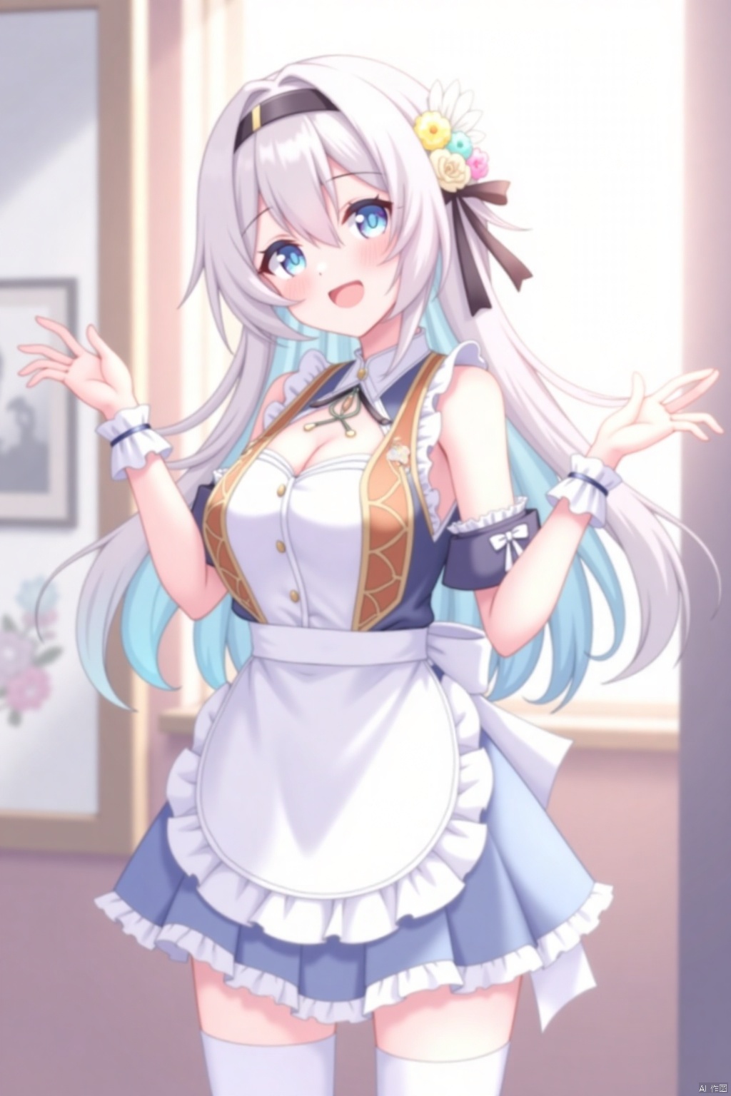 1girl, solo, long hair, breasts, looking at viewer, blush, open mouth, bangs, blue eyes, large breasts, hair ornament, thighhighs, dress, cleavage, hair between eyes, standing, jacket, flower, grey hair, multicolored hair, hairband, frills, sleeveless, indoors, apron, white thighhighs, wrist cuffs, maid, window, gradient hair, sleeveless dress, wavy mouth, frilled dress, black hairband, white apron, reflection, mirror, multicolored eyes, picture frame