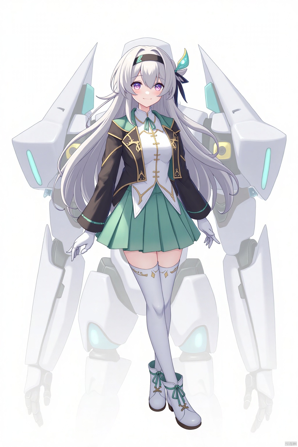 1girl, solo, long hair, breasts, looking at viewer, smile, bangs, blue eyes, skirt, thighhighs, gloves, hair between eyes, medium breasts, closed mouth, purple eyes, jacket, white hair, grey hair, hairband, boots, black jacket, white footwear, black hairband, robot, green skirt