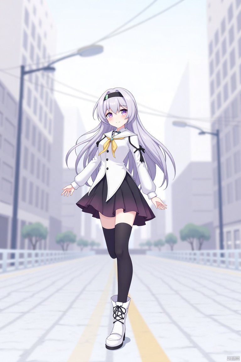 1girl, solo, long hair, looking at viewer, smile, bangs, skirt, thighhighs, long sleeves, hair between eyes, closed mouth, purple eyes, full body, white shirt, white hair, hairband, boots, outdoors, black thighhighs, white footwear, building, city,ly,qfl