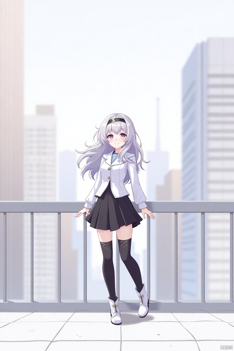 1girl, solo, long hair, looking at viewer, smile, bangs, skirt, thighhighs, long sleeves, hair between eyes, closed mouth, purple eyes, full body, white shirt, white hair, hairband, boots, outdoors, black thighhighs, white footwear, building, city,ly,qfl