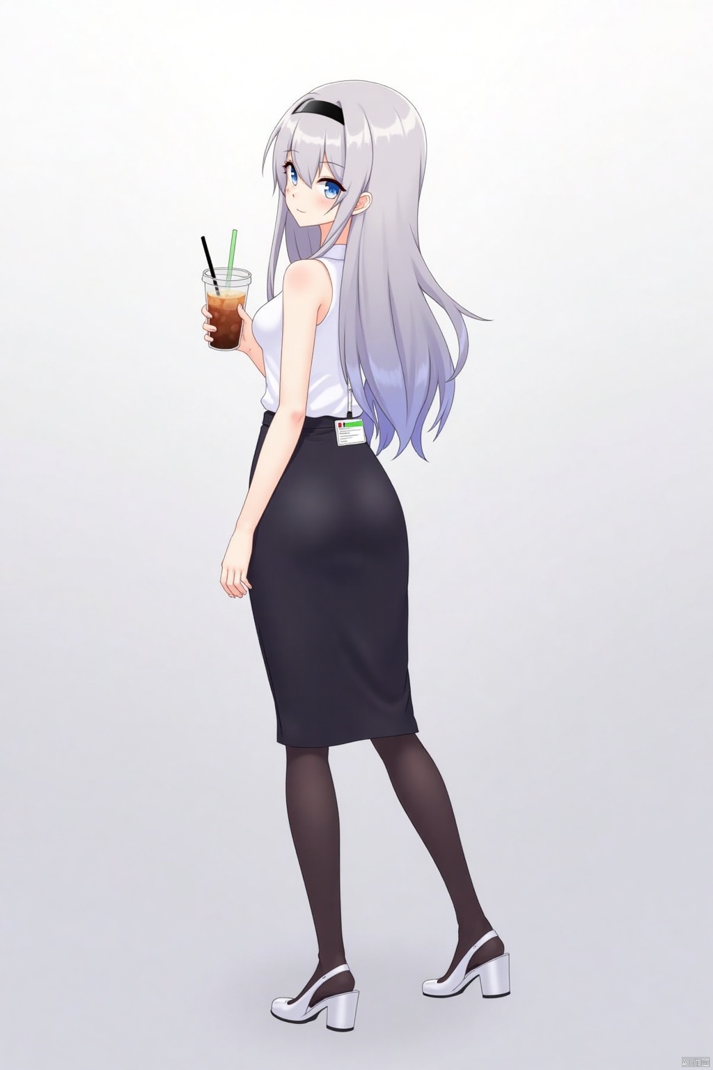 1girl, solo, long hair, breasts, looking at viewer, bangs, blue eyes, skirt, shirt, hair between eyes, bare shoulders, white shirt, ass, grey hair, pantyhose, hairband, sleeveless, looking back, virtual youtuber, black skirt, from behind, high heels, cup, black pantyhose, sleeveless shirt, gradient hair, white footwear, black hairband, pencil skirt, drinking straw, zoom layer, shirt tucked in, office lady, disposable cup, id card, bubble tea, bubble tea challenge