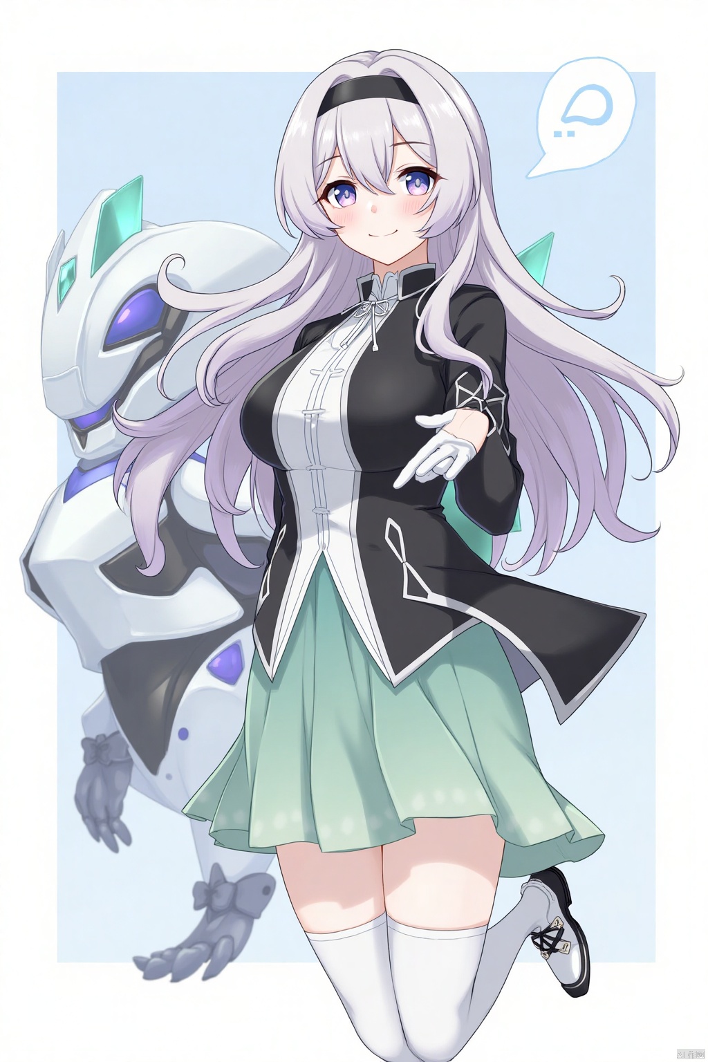 1girl, solo, long hair, breasts, looking at viewer, smile, bangs, blue eyes, skirt, thighhighs, gloves, hair between eyes, medium breasts, closed mouth, purple eyes, jacket, white hair, grey hair, hairband, boots, black jacket, white footwear, black hairband, robot, green skirt