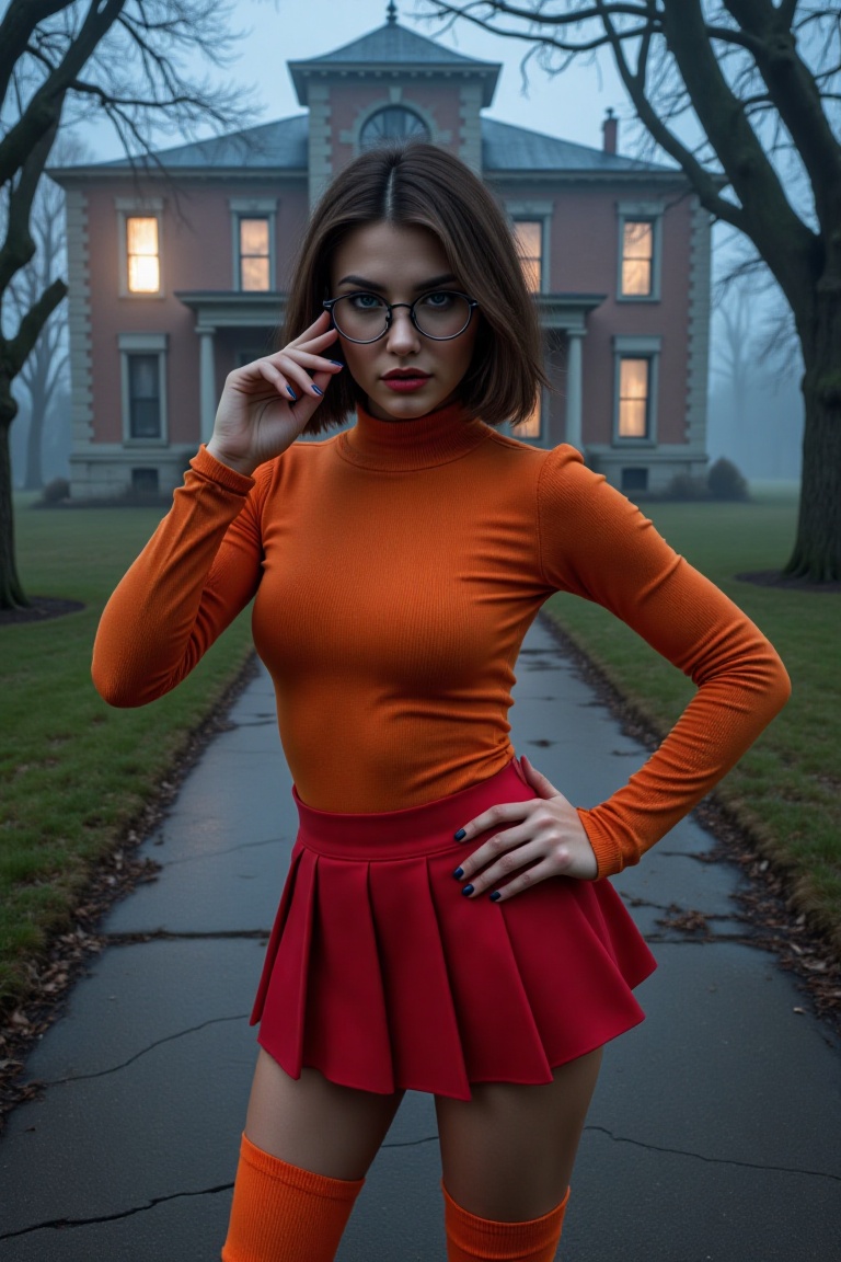 In a haunting,  fog-enshrouded setting,  a hyper-realistic young woman cosplaying as Velma Dinkley poses confidently on Te...