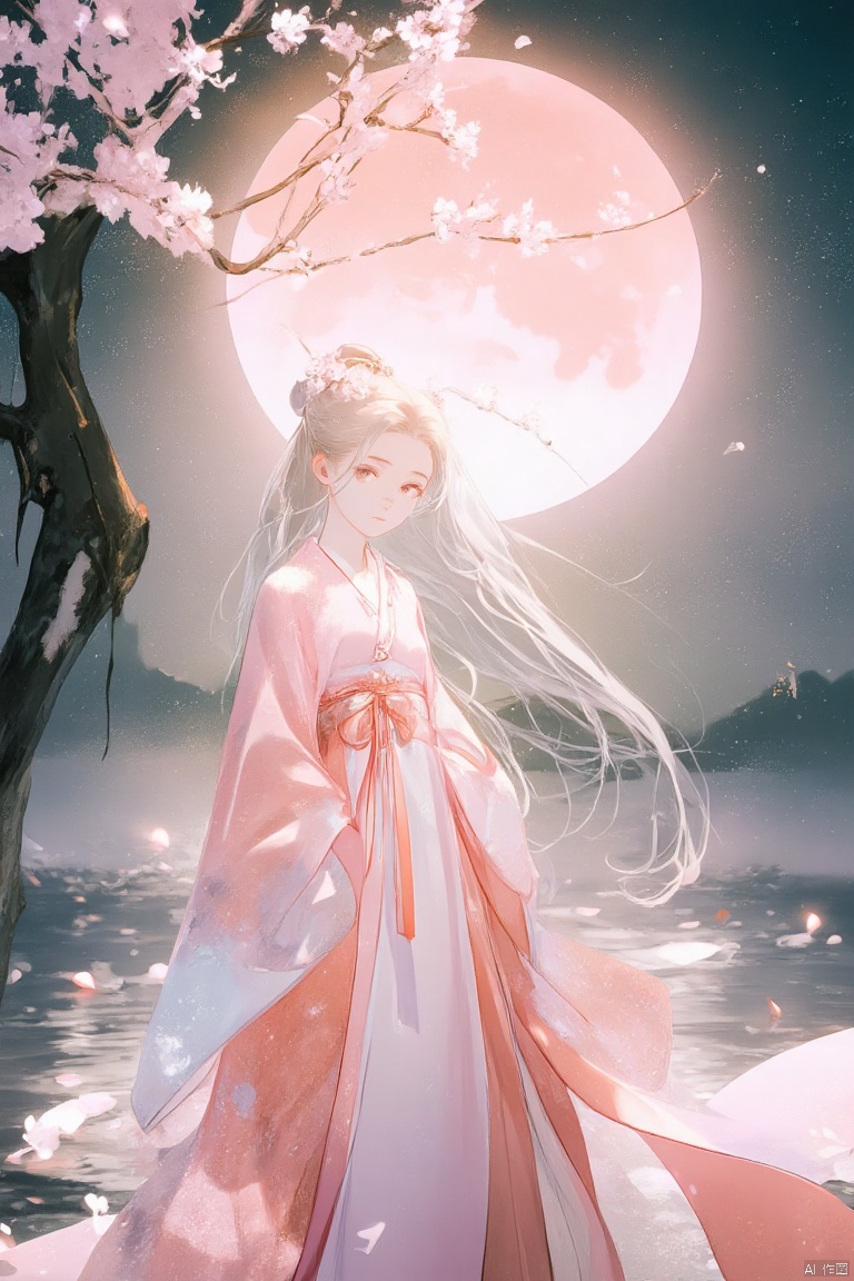wxya
1girl, solo, long hair, looking at viewer, wearing lotus root pink Hanfu, standing under the cherry blossom tree, under a pink full moon