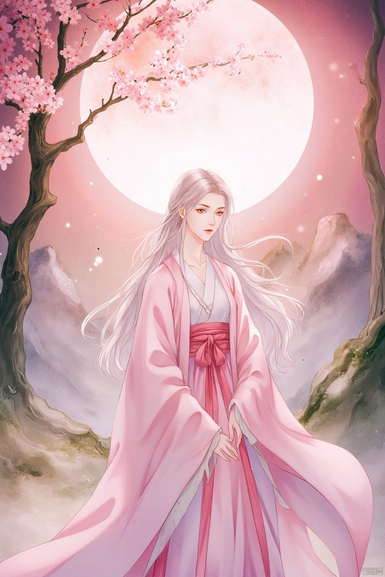 wxya
1girl, solo, long hair, looking at viewer, wearing lotus root pink Hanfu, standing under the cherry blossom tree, under a pink full moon