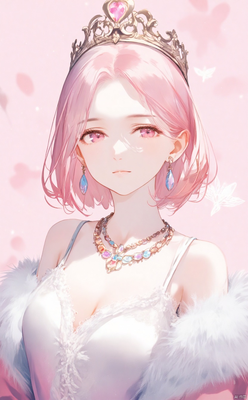 1girl, solo, breasts, looking at viewer, short hair, bangs, dress, jewelry, closed mouth, upper body, pink hair, earrings, pink eyes, necklace, white dress, parted bangs, fur trim, pink background, crown, gem