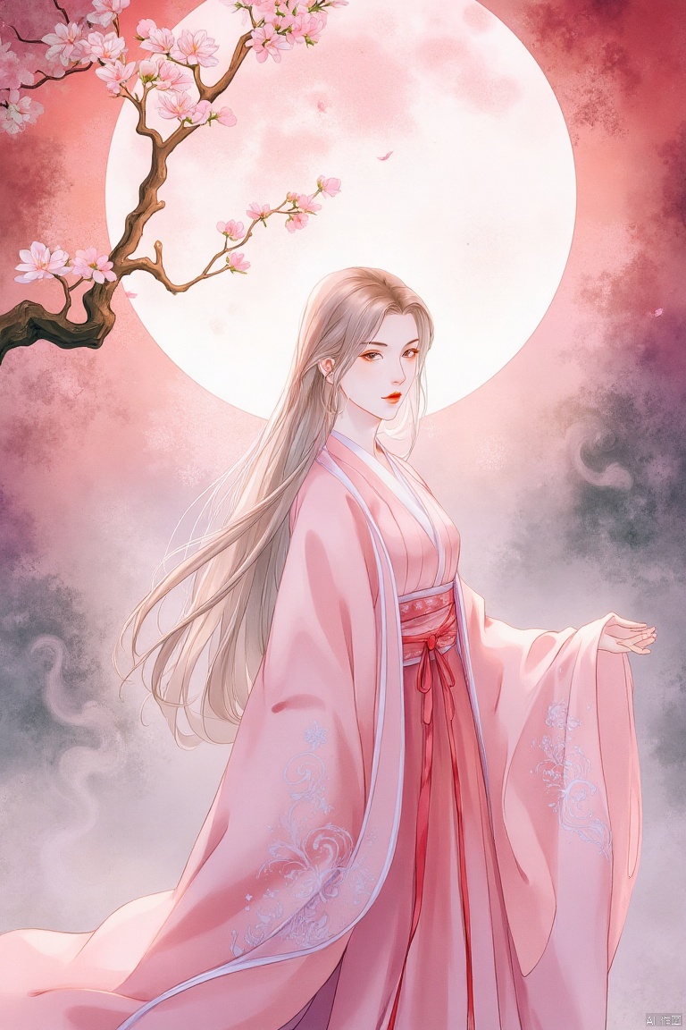 wxya
1girl, solo, long hair, looking at viewer, wearing lotus root pink Hanfu, standing under the cherry blossom tree, under a pink full moon