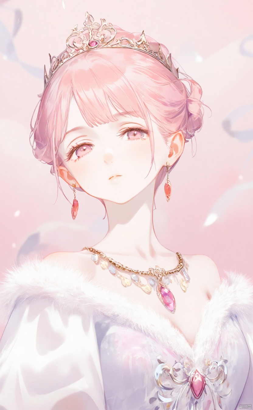 1girl, solo, breasts, looking at viewer, short hair, bangs, dress, jewelry, closed mouth, upper body, pink hair, earrings, pink eyes, necklace, white dress, parted bangs, fur trim, pink background, crown, gem