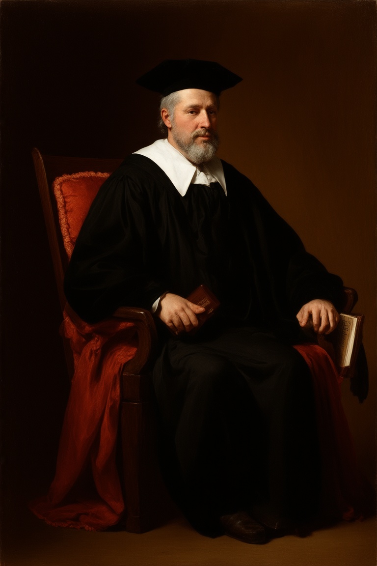 A three-quarter length formal portrait of a scholarly middle-aged man seated in a wooden chair with red tasseled upholster...