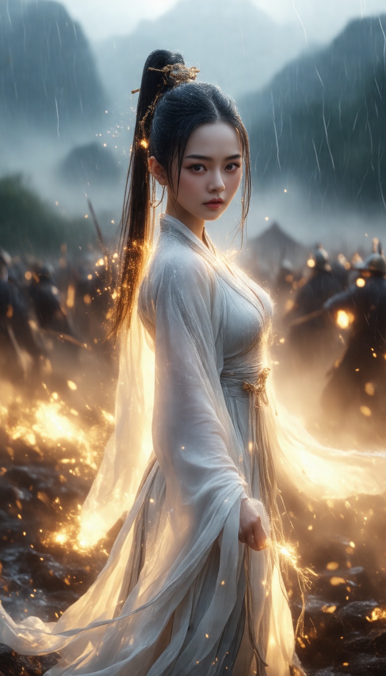 A breathtaking image of a stunning Chinese Wuxia woman posing confidently on a misty battlefield,  surrounded by sparks an...