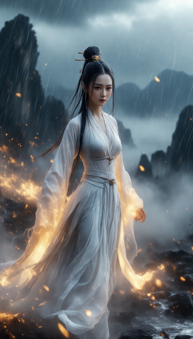 A breathtaking image of a stunning Chinese Wuxia woman posing confidently on a misty battlefield,  surrounded by sparks an...