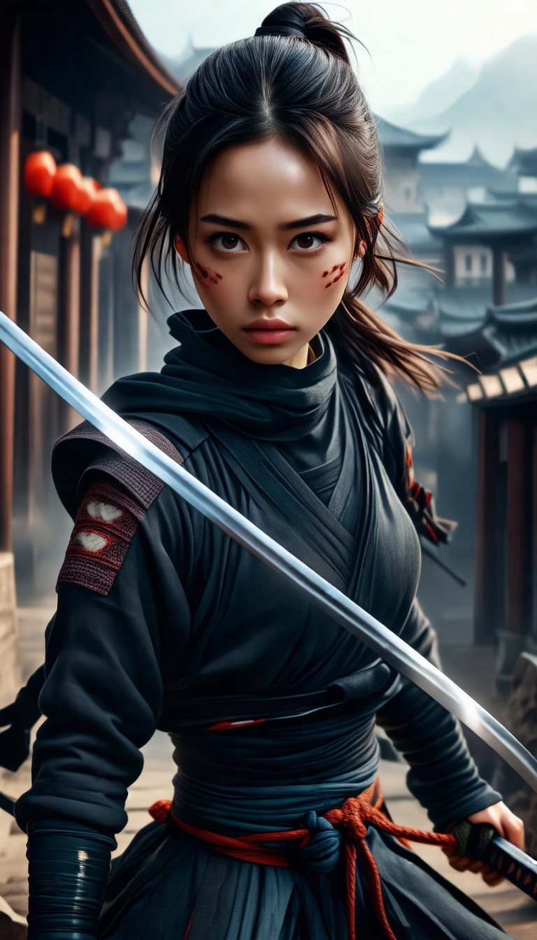 beautiful woman as ninja,  dynamic pose,  by Yoshitaka Amano on Tensor.Art