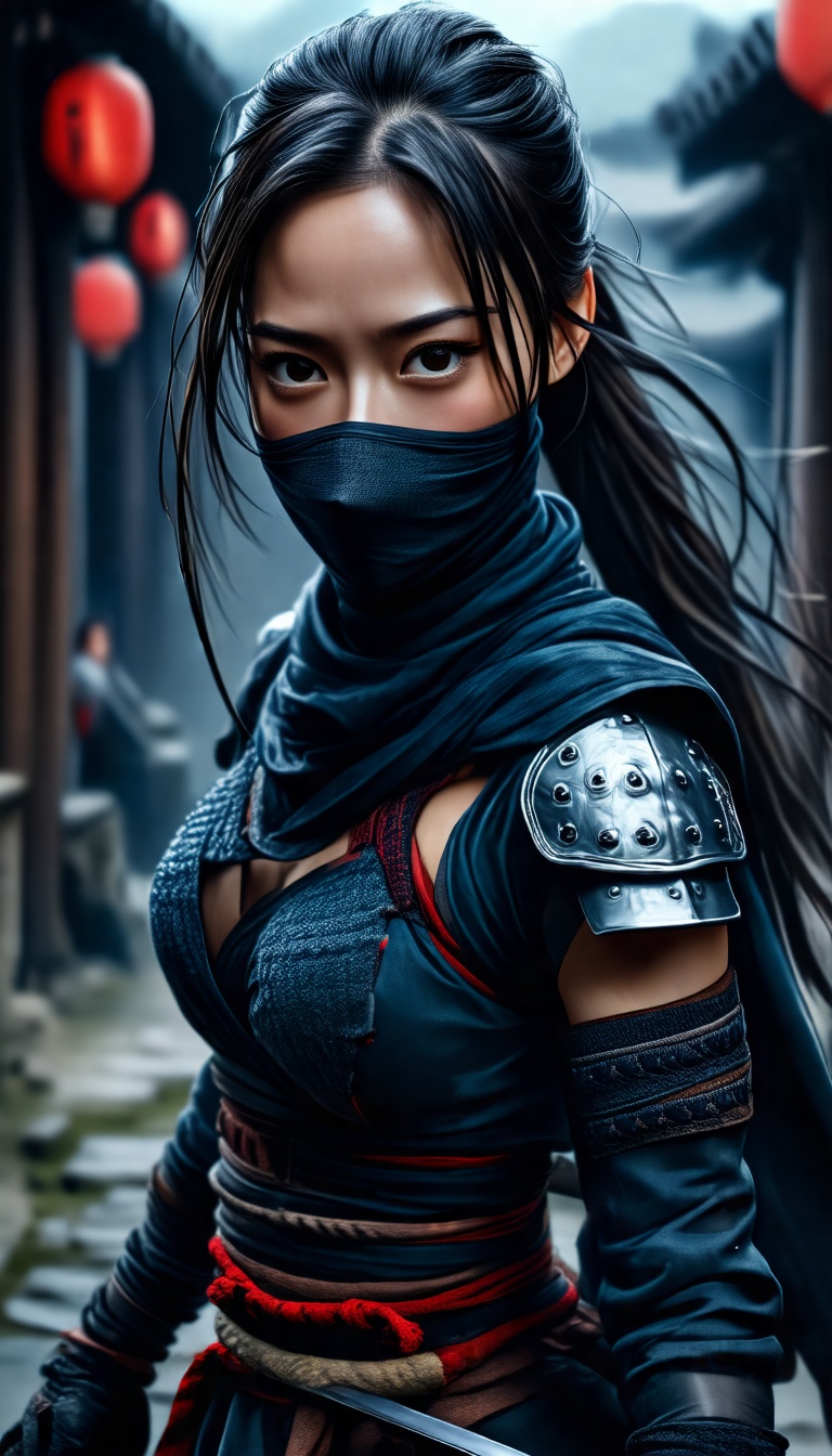 beautiful woman as ninja,  dynamic pose,  by Yoshitaka Amano on Tensor.Art