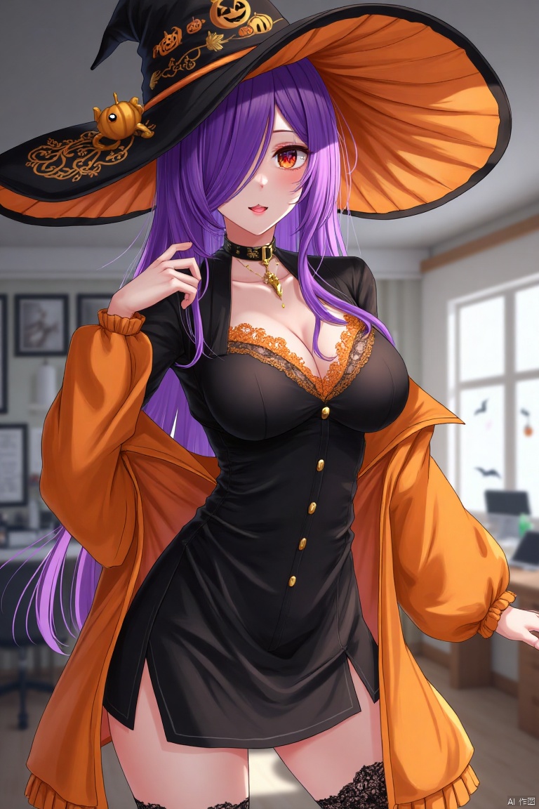 Scores_9, Scores_8, Scores_7, 1 Mature, asian Female,Enchanting Appearance, Smile, Pink Lips, Black Dog Collar, Exquisite Gold Necklace, Halloween Costume, Big Wizard Hat, Black Cloth Skirt, Black Shirt with Orange Lace, Orange Robe, Black Lace Straightening Stockings, Enchanting Appearance, Bright Purple Hair, Very Long Hair, Hair Covering One Eye, Red Eyes, Big Breasts, Office Decorated with Halloween Decorations, Perfect Body, Perfect Anatomy, Pornographic Anatomy, Perfect Arms, Perfect Fingers, Perfect Legs, Environmental Light, Shadows