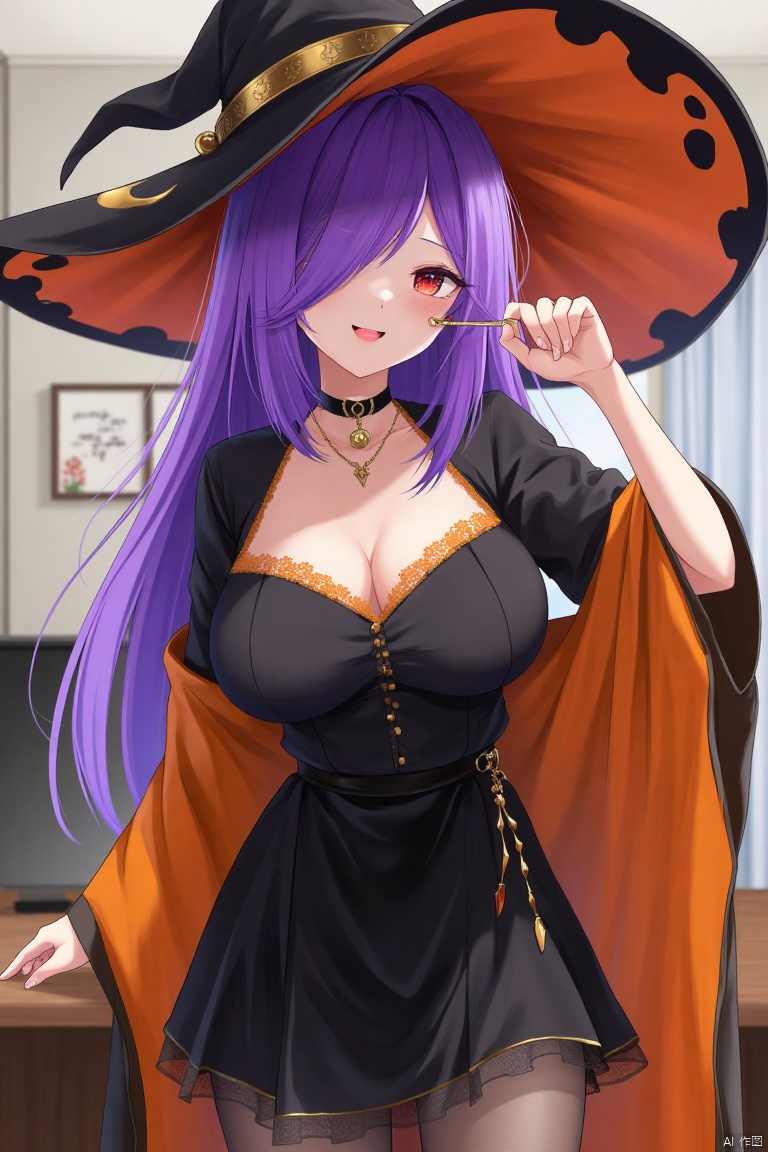 Scores_9, Scores_8, Scores_7, 1 Mature, asian Female,Enchanting Appearance, Smile, Pink Lips, Black Dog Collar, Exquisite Gold Necklace, Halloween Costume, Big Wizard Hat, Black Cloth Skirt, Black Shirt with Orange Lace, Orange Robe, Black Lace Straightening Stockings, Enchanting Appearance, Bright Purple Hair, Very Long Hair, Hair Covering One Eye, Red Eyes, Big Breasts, Office Decorated with Halloween Decorations, Perfect Body, Perfect Anatomy, Pornographic Anatomy, Perfect Arms, Perfect Fingers, Perfect Legs, Environmental Light, Shadows