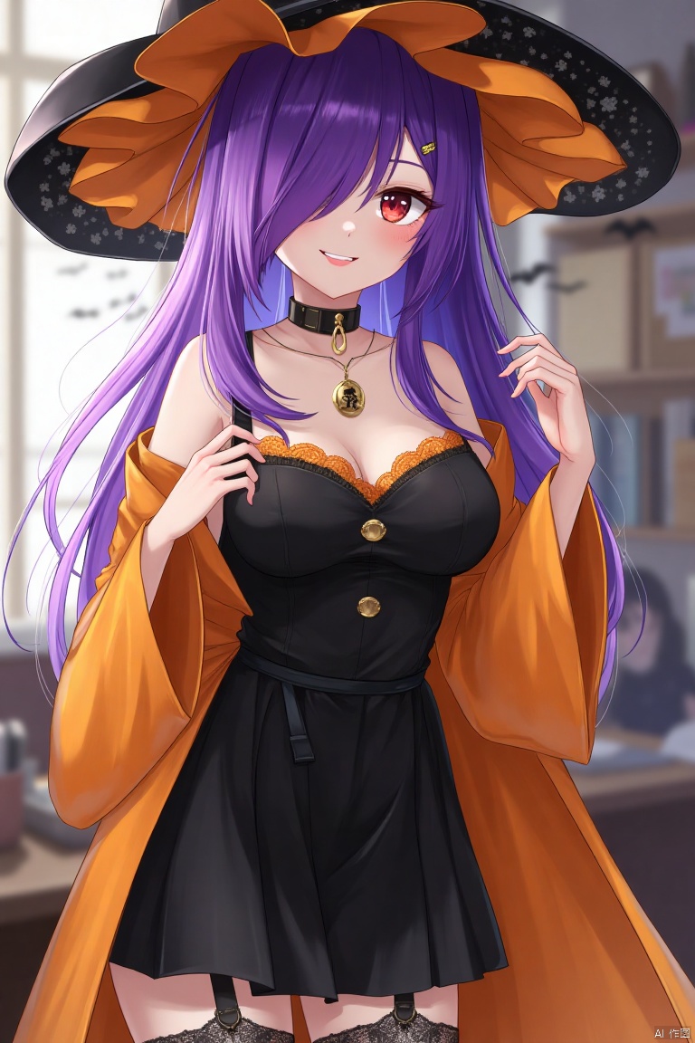 Scores_9, Scores_8, Scores_7, 1 Mature, asian Female,Enchanting Appearance, Smile, Pink Lips, Black Dog Collar, Exquisite Gold Necklace, Halloween Costume, Big Wizard Hat, Black Cloth Skirt, Black Shirt with Orange Lace, Orange Robe, Black Lace Straightening Stockings, Enchanting Appearance, Bright Purple Hair, Very Long Hair, Hair Covering One Eye, Red Eyes, Big Breasts, Office Decorated with Halloween Decorations, Perfect Body, Perfect Anatomy, Pornographic Anatomy, Perfect Arms, Perfect Fingers, Perfect Legs, Environmental Light, Shadows
