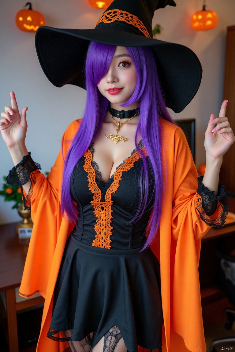 Scores_9, Scores_8, Scores_7, 1 Mature, asian Female,Enchanting Appearance, Smile, Pink Lips, Black Dog Collar, Exquisite Gold Necklace, Halloween Costume, Big Wizard Hat, Black Cloth Skirt, Black Shirt with Orange Lace, Orange Robe, Black Lace Straightening Stockings, Enchanting Appearance, Bright Purple Hair, Very Long Hair, Hair Covering One Eye, Red Eyes, Big Breasts, Office Decorated with Halloween Decorations, Perfect Body, Perfect Anatomy, Pornographic Anatomy, Perfect Arms, Perfect Fingers, Perfect Legs, Environmental Light, Shadows