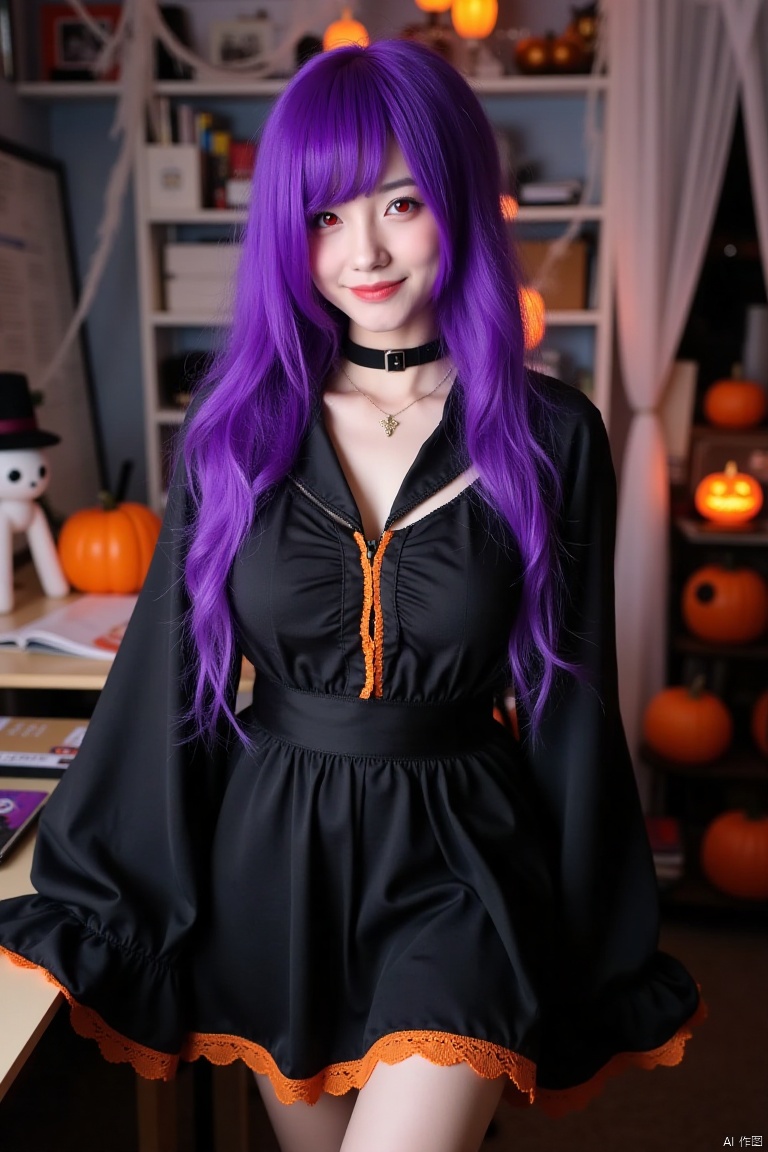 A bewitching mature asian woman dons an enchanting Halloween costume. She wears a black cloth skirt and matching shirt with orange lace trim. A bright purple wig cascades down her back, partially covering one eye. Her face gleams with a radiant smile, pink lips, and red eyes that seem to glow in the dimly lit office environment. A delicate gold necklace adorns her neck, complemented by a black dog collar. The space around her is transformed into a spooky lair, complete with cobwebs, jack-o'-lanterns, and other eerie decorations. Her very long hair flows like a river of darkness, framing her statuesque figure, which boasts perfect anatomy and a tantalizing big-breasted physique