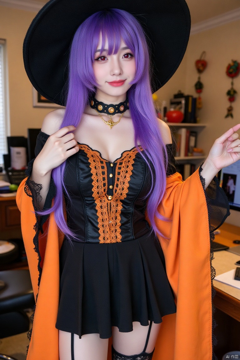 Scores_9, Scores_8, Scores_7, 1 Mature, asian Female,Enchanting Appearance, Smile, Pink Lips, Black Dog Collar, Exquisite Gold Necklace, Halloween Costume, Big Wizard Hat, Black Cloth Skirt, Black Shirt with Orange Lace, Orange Robe, Black Lace Straightening Stockings, Enchanting Appearance, Bright Purple Hair, Very Long Hair, Hair Covering One Eye, Red Eyes, Big Breasts, Office Decorated with Halloween Decorations, Perfect Body, Perfect Anatomy, Pornographic Anatomy, Perfect Arms, Perfect Fingers, Perfect Legs, Environmental Light, Shadows