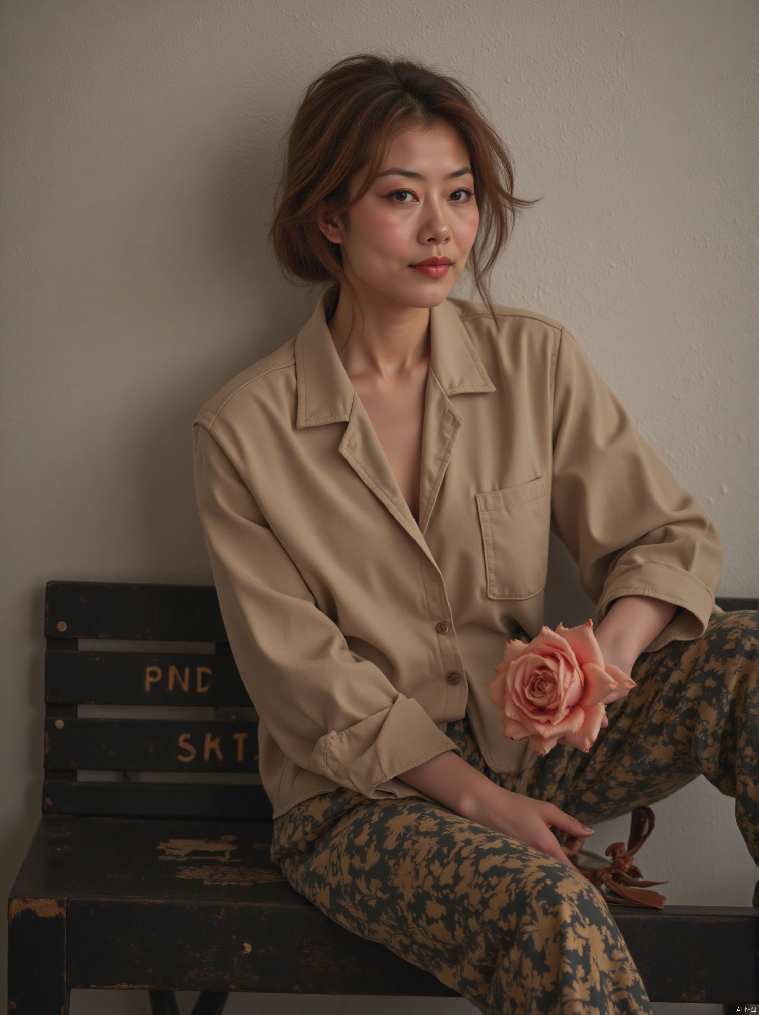 A woman seated on a weathered wooden bench,  bathed in warm light,  her porcelain skin radiating softness. The Fujifilm XT...