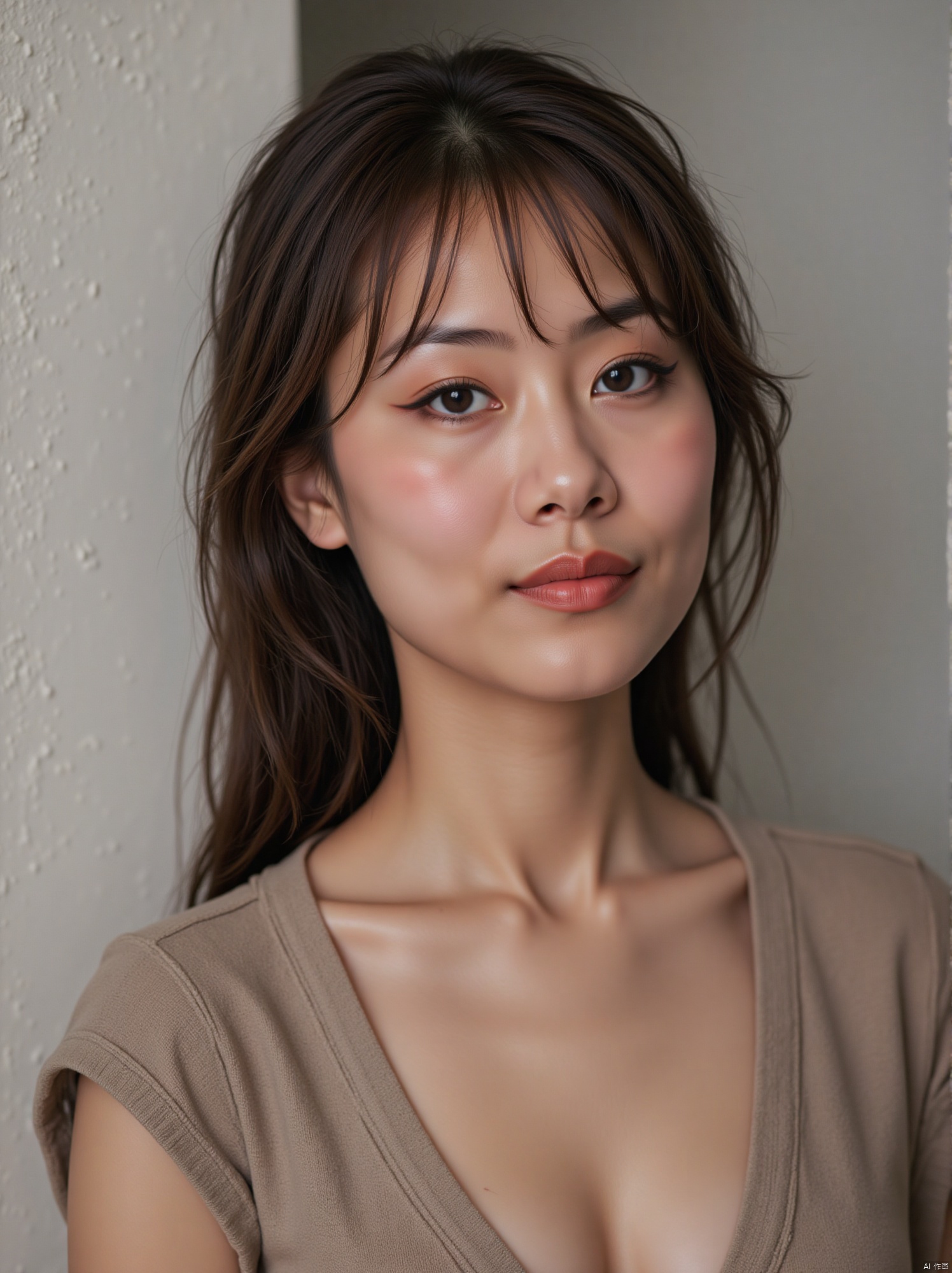 Close-up of a beautiful and gentle young woman's ID photo from front to chest