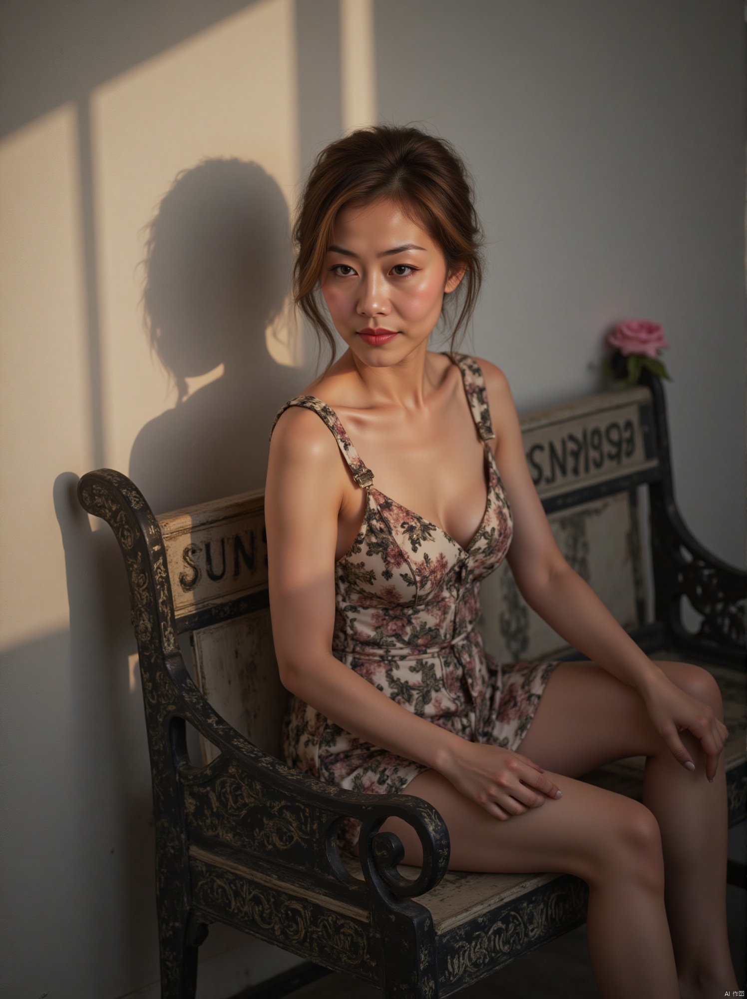 A woman seated on a weathered wooden bench, bathed in warm light, her porcelain skin radiating softness. The Fujifilm XT3's 4K glory captures every freckle and fine line as she sits pensively, squinting eyes and pursed lips. A pink rose adds vibrancy to the harmonious composition, juxtaposed against the crisp white wall bearing the word 'SUNSHINE' in bold black metal frame of the bench, infusing an air of enigmatic contemplation.