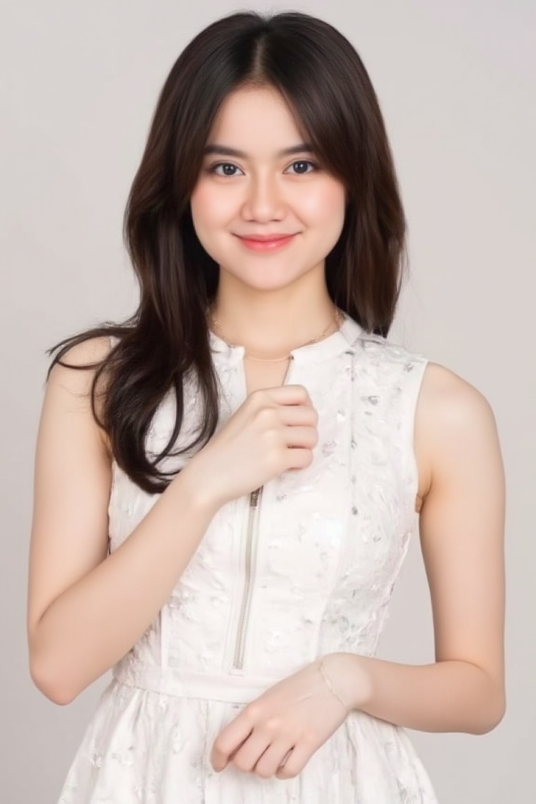 Photography of an 18 year old young woman,  wearing a sparkling white sleeveless dress,  she has white and natural skin wi...