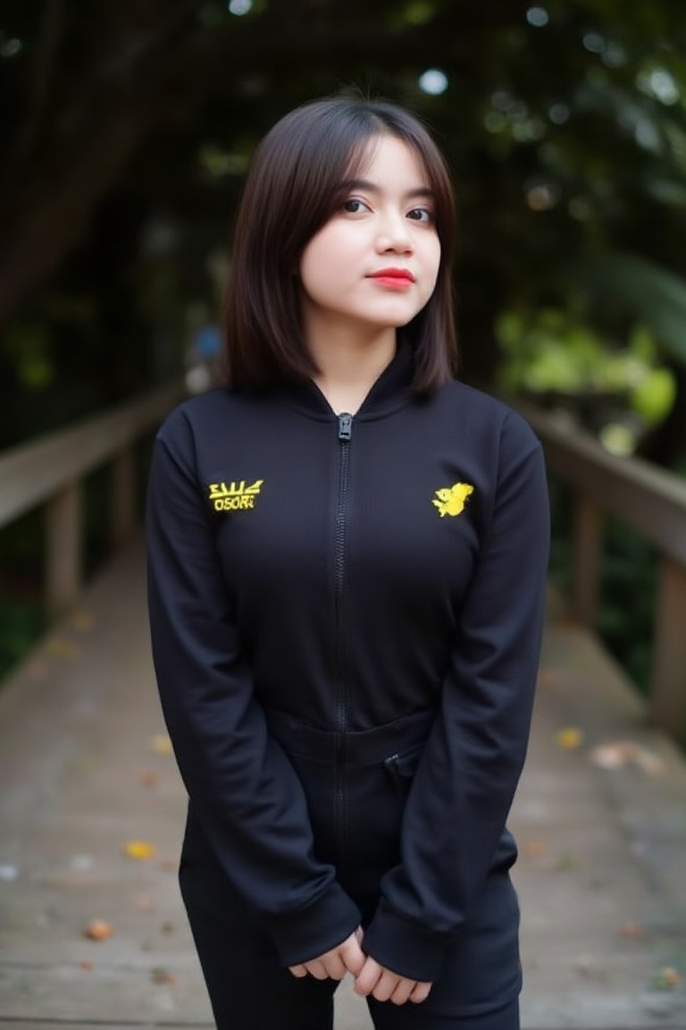a young Asian woman stands on a wooden platform,  her face turned slightly to the left. She is dressed in a black jacket w...