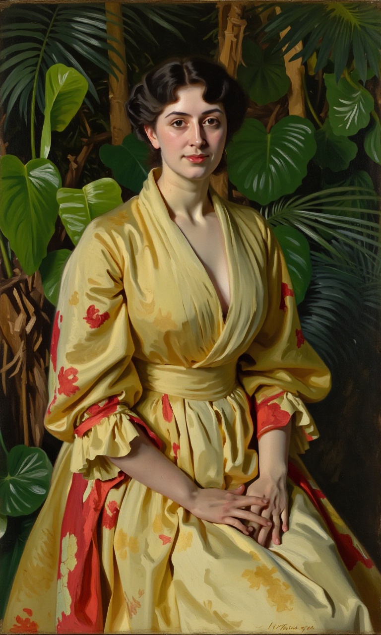 sargent_x,  oil painting portrait of a young woman sitting in a tropical setting. She is wearing a long,  flowy dress with...