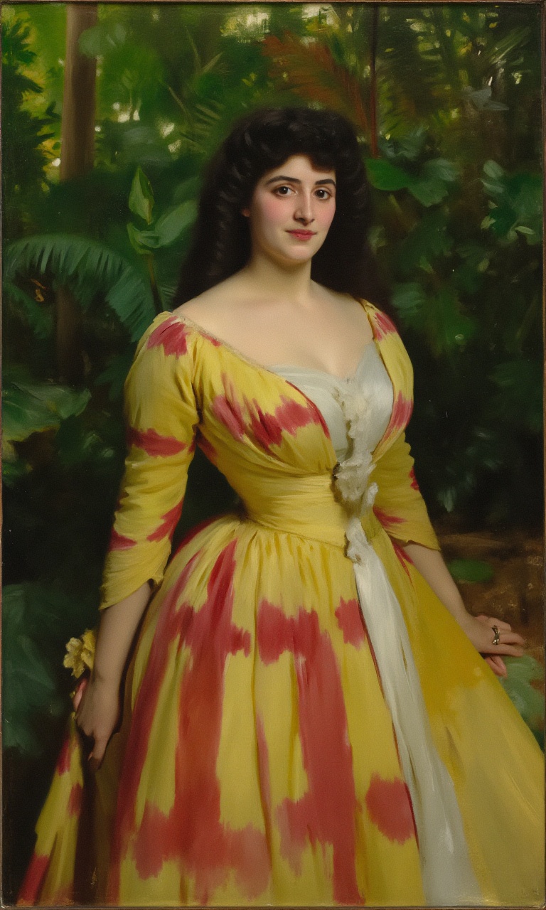 sargent_x,  oil painting portrait of a young woman sitting in a tropical setting. She is wearing a long,  flowy dress with...