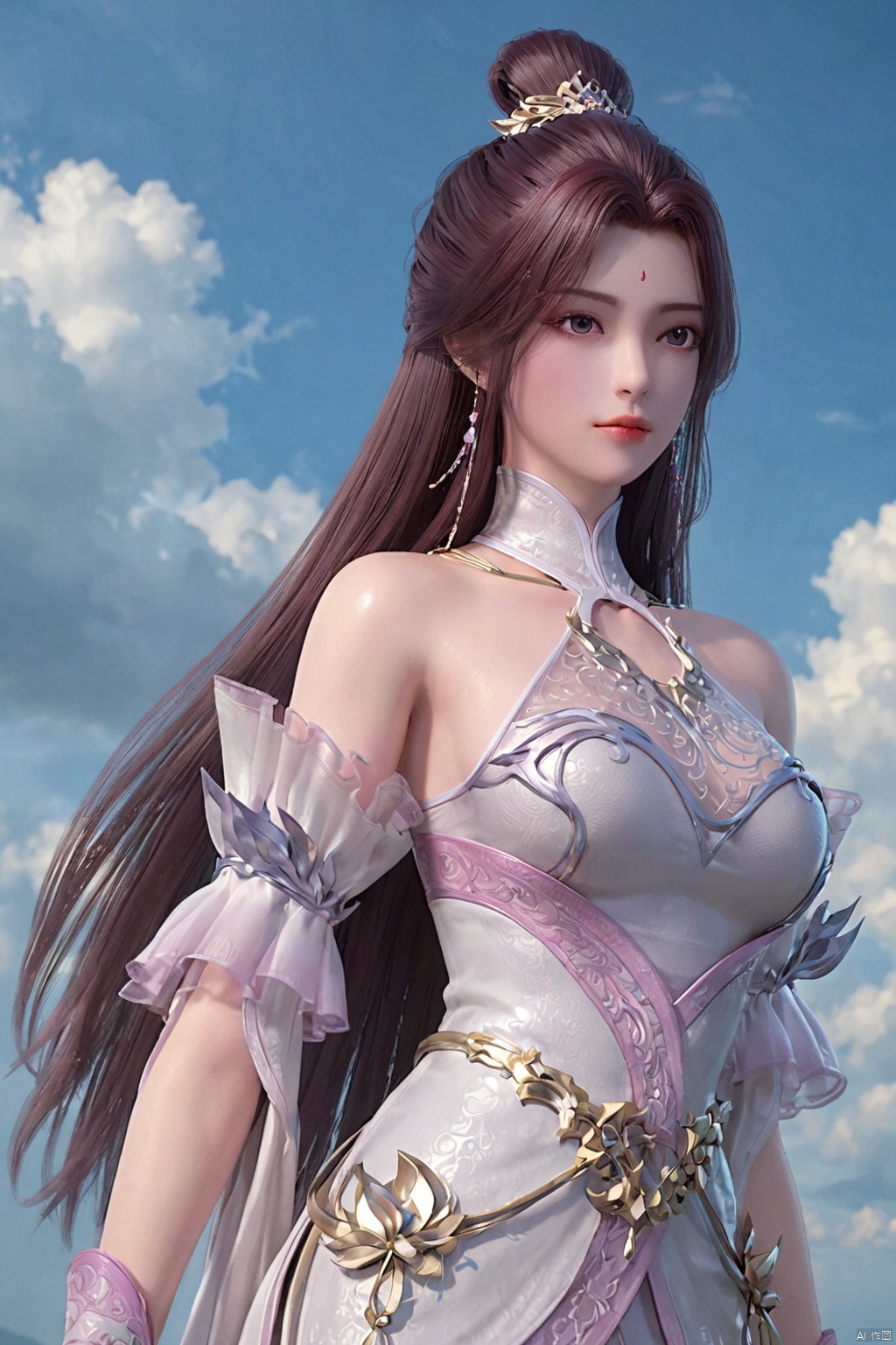 score_9_up,score_8_up,score_7_up,1girl, solo, long hair, brown hair, hair ornament, dress, bare shoulders, jewelry, upper body, earrings, detached sleeves, sky, cloud, hair bun, white pink dress, facial mark, single hair bun, cloudy sky, forehead mark,long hair,picture-perfect face,flowing hair,shiny skin,((fair skin:1.5)),full body,YueChan,