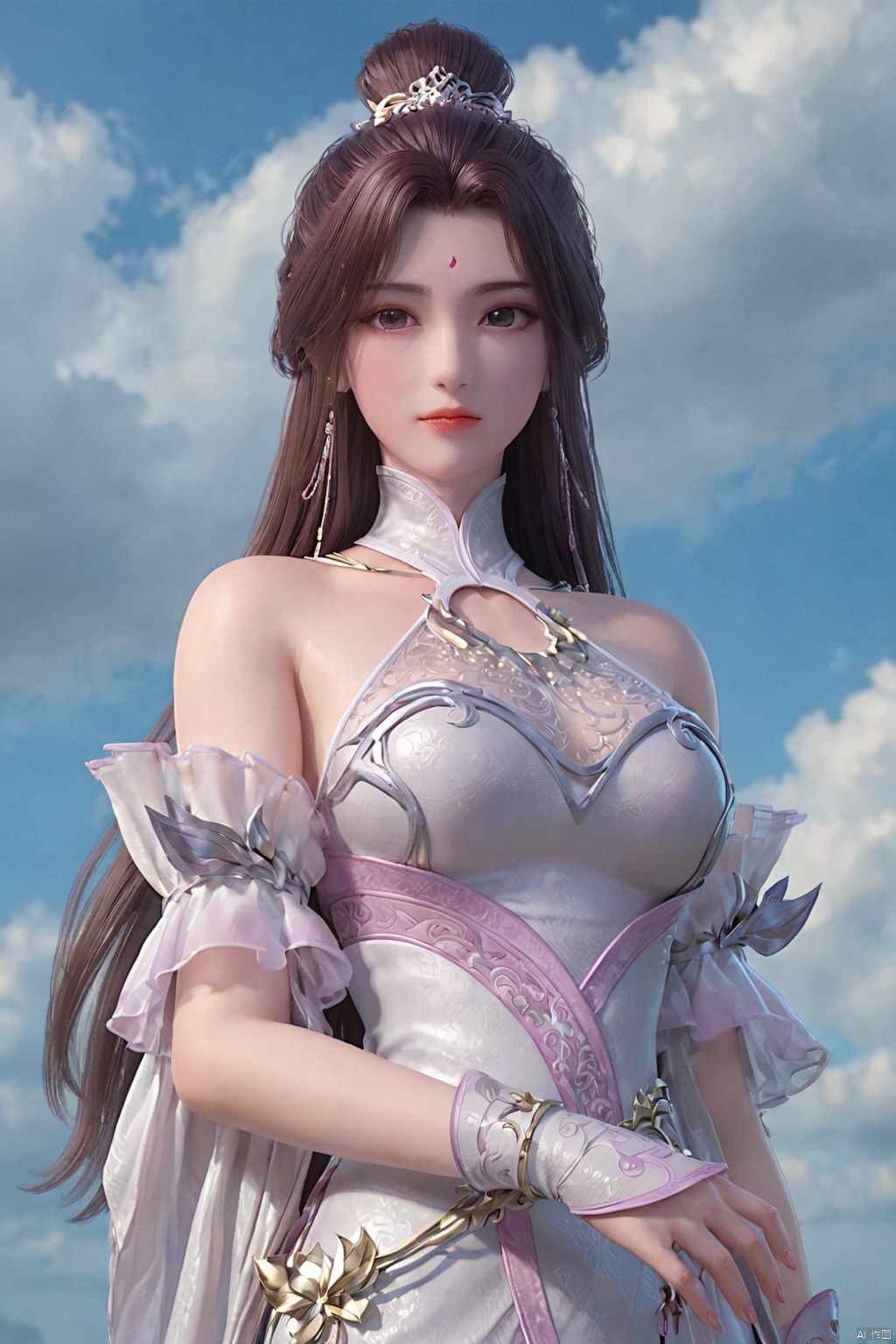 score_9_up,score_8_up,score_7_up,1girl, solo, long hair, brown hair, hair ornament, dress, bare shoulders, jewelry, upper body, earrings, detached sleeves, sky, cloud, hair bun, white pink dress, facial mark, single hair bun, cloudy sky, forehead mark,long hair,picture-perfect face,flowing hair,shiny skin,((fair skin:1.5)),full body,YueChan,