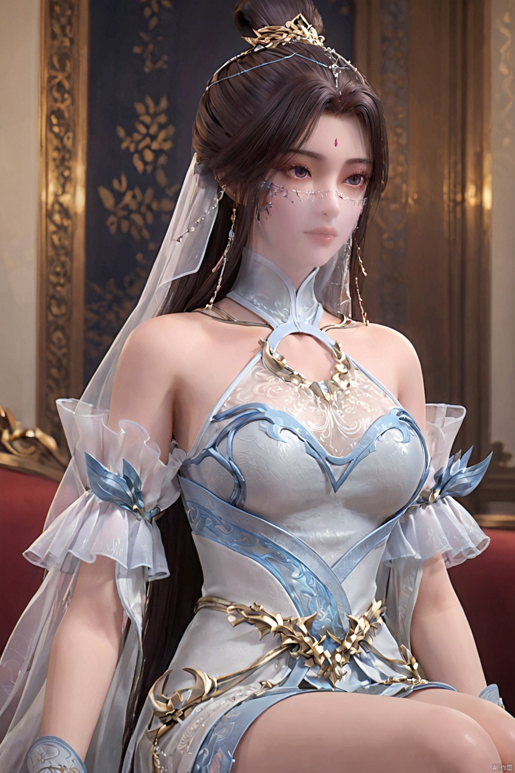 score_9_up,score_8_up,score_7_up,1girl, solo, long hair, brown hair, black hair, hair ornament, bare shoulders, jewelry, sitting, upper body, hair bun, white blue dress, facial mark, single hair bun, veil, forehead mark,long hair,picture-perfect face,flowing hair,shiny skin,((fair skin:1.5)),YueChan,