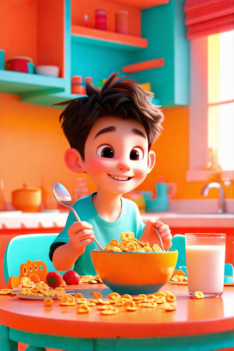 Pixar-style 3D render of a cute boy having breakfast. Soft,  warm lighting with a slight glow,  centered composition. The...