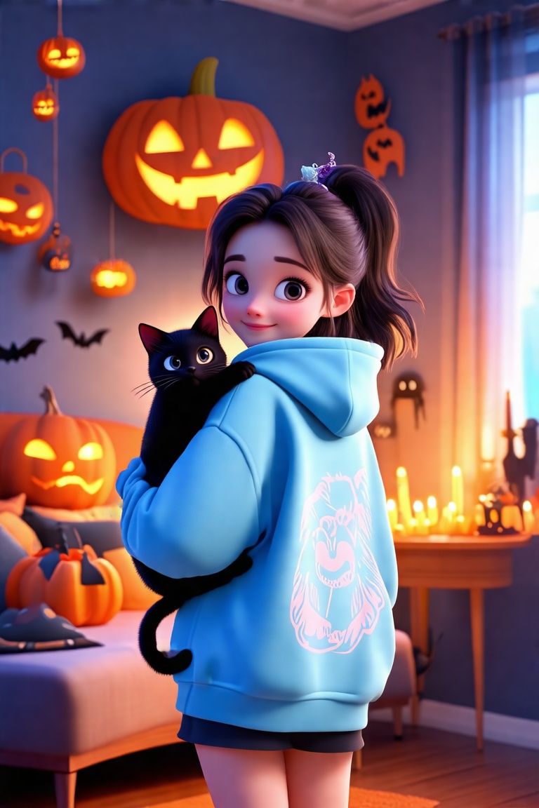 Pixar-style 3D render of a girl in a Halloween-themed hoodie,  blue pastel design on the back,  holding a black cat. Soft...
