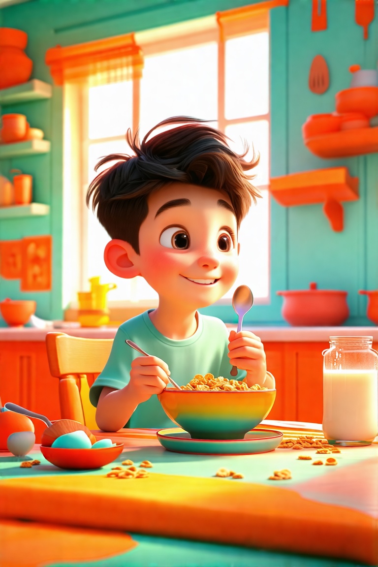 Pixar-style 3D render of a cute boy having breakfast. Soft,  warm lighting with a slight glow,  centered composition. The...