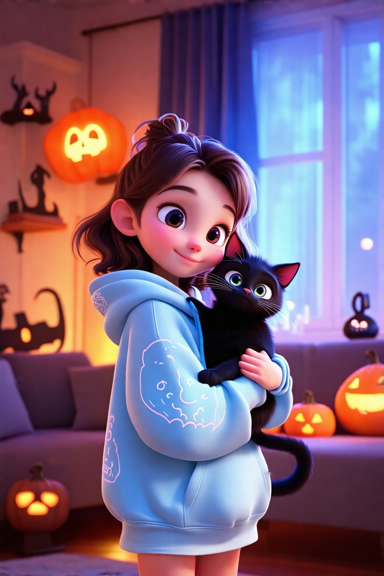 Pixar-style 3D render of a girl in a Halloween-themed hoodie,  blue pastel design on the back,  holding a black cat. Soft...