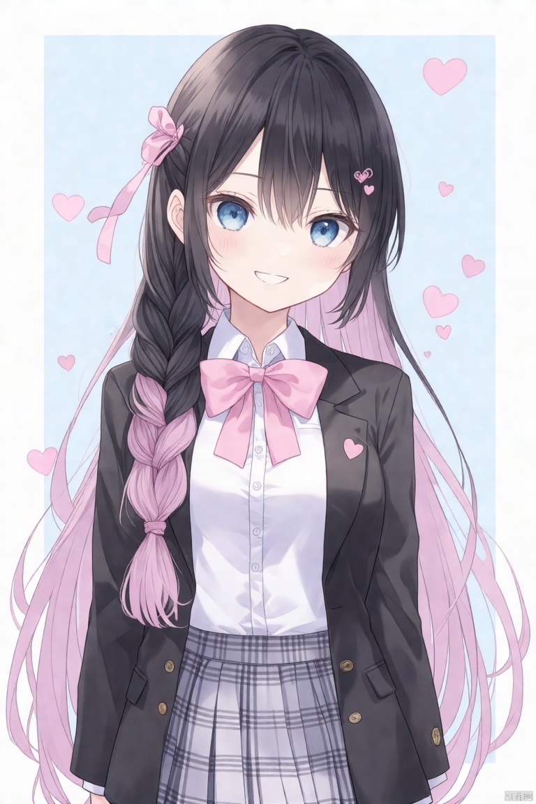 1girl, solo, long hair, looking at viewer, blush, smile, bangs, blue eyes, skirt, shirt, black hair, hair ornament, long sleeves, bow, very long hair, closed mouth, school uniform, jacket, white shirt, braid, pleated skirt, hairclip, collared shirt, virtual youtuber, bowtie, black jacket, plaid, blazer, pink bow, french braid, pink bowtie, tsukino mito,heart-shaped_pupils